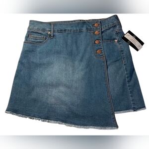 Energie NEW Denim Wrap Mini Skirt Size 13 Blue Jean Asymmetrical Side Button